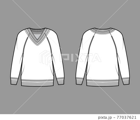 Cricket Sweater technical fashion illustration with stripes, rib V-neck, long raglan sleeves, hip length, knit cuff trim Cricket Sweater technical fashion illustration with stripes, rib V-neck, long raglan sleeves, hip length, knit cuff trim 77037621