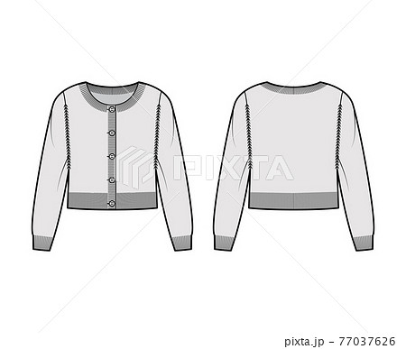 Round neck cropped cardigan technical fashion illustration with long sleeves, oversized body, knit rib cuff. apparel 77037626