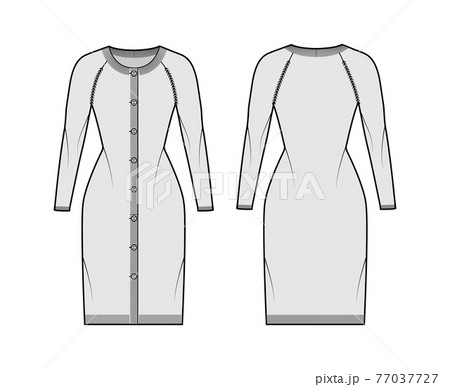 Round neck dress cardigan technical fashion illustration with long raglan sleeve, fitted body, hip length, knit rib cuff 77037727
