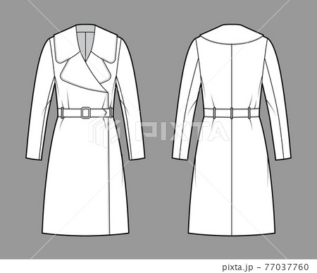 Belted coat technical fashion illustration with long sleeves, huge notched collar, oversized body, knee length. Flat 77037760