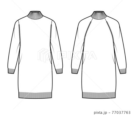 Set of dress Turtleneck Sweaters technical fashion illustration with long raglan sleeves, relax body, knee length, trim 77037763