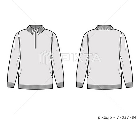 Zip-up Sweater technical fashion illustration with rib henley neck, classic collar, long sleeves, oversized, hip length 77037784