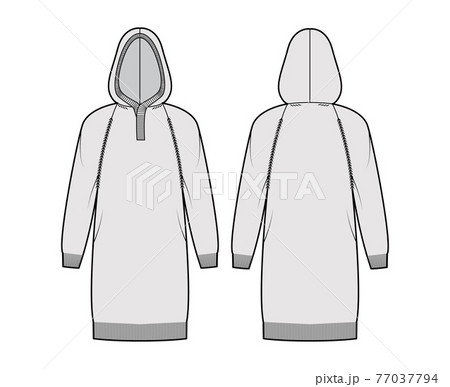 Dress Hooded Sweater technical fashion illustration with rib henley neck, long raglan sleeves, relax fit, knee length 77037794