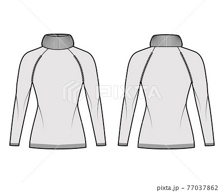 Sweater Exaggerated Turtleneck technical fashion illustration with long raglan sleeves, slim fit, hip length, rib trim 77037862