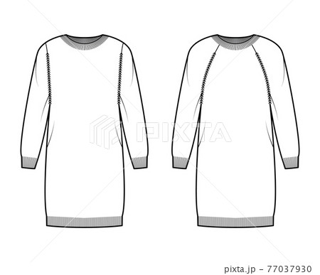 Set of crew neck dress Sweater technical fashion illustration with long raglan sleeves, oversized fit, knee length, trim 77037930