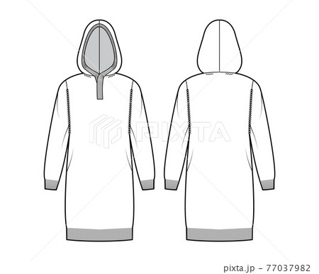 Hooded dress Sweater technical fashion illustration with rib henley neck, long sleeves, relax fit, knee length, rib trim 77037982