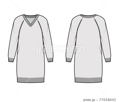 Dress V-neck Sweater technical fashion illustration with long raglan sleeves, relax fit, knee length, knit rib trim Flat 77038042