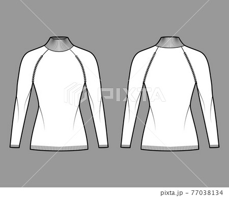 Turtleneck Sweater technical fashion illustration with long raglan sleeves, fitted body, hip length, knit trim jumper 77038134