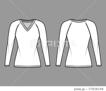 V-neck Sweater technical fashion illustration with long raglan sleeves, slim fit, thigh length, knit rib trim. jumper 77038148