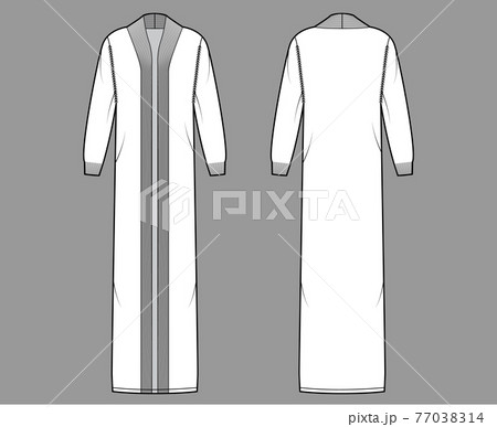 Maxi cardigan technical fashion illustration with rib shawl neck, long sleeves, oversized, floor length, knit trim. Flat 77038314