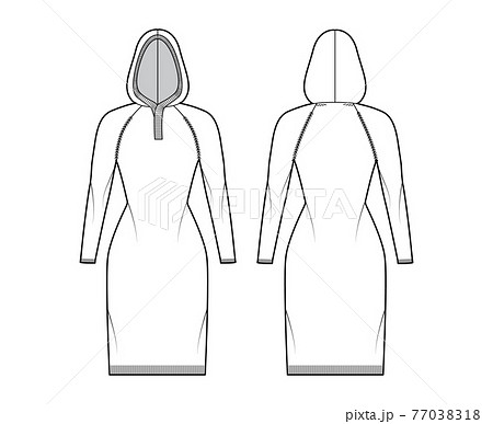 Hooded dress Sweater technical fashion illustration with rib neck, long raglan sleeves, slim fit, knee length, rib trim Hooded dress Sweater technical fashion illustration with rib neck, long raglan sleeves, slim fit, knee length, rib trim 77038318