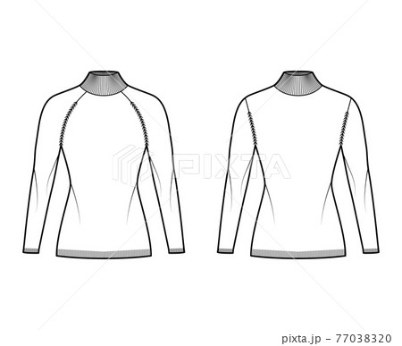 Set of Turtleneck Sweaters technical fashion illustration with long raglan sleeves, fitted body, hip length, knit trim 77038320