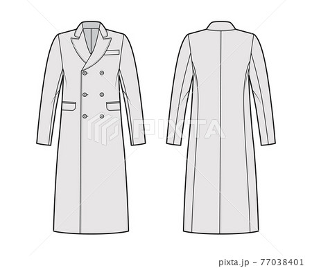 British warm overcoat technical fashion illustration with double breasted, midi length, round collar peak, flap pockets 77038401