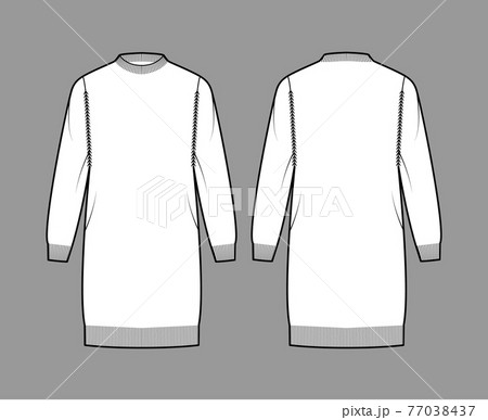 Dress Fisherman Sweater technical fashion illustration with crewneck, oversized body, knee length, knit trim. Flat 77038437