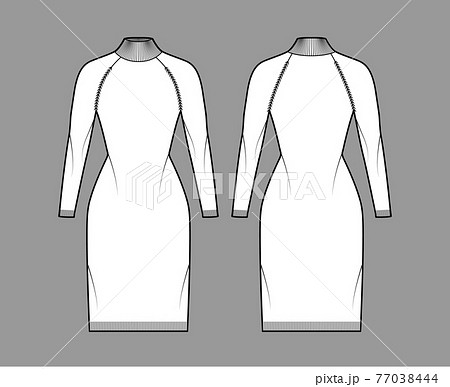 Turtleneck dress Sweater technical fashion illustration with long sleeves, fitted body, knee length, knit trim. 77038444