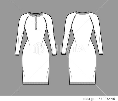 Dress Sweater henley neck technical fashion illustration with long raglan sleeves, slim fit, knee length, rib knit trim Dress Sweater henley neck technical fashion illustration with long raglan sleeves, slim fit, knee length, rib knit trim 77038446