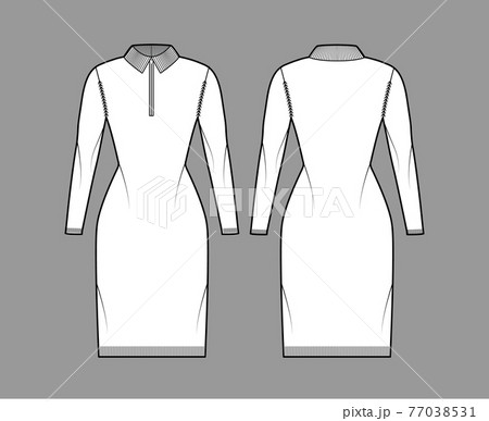 Zip-up dress Sweater technical fashion illustration with henley neck, classic collar, long sleeve, fitted, hip length 77038531