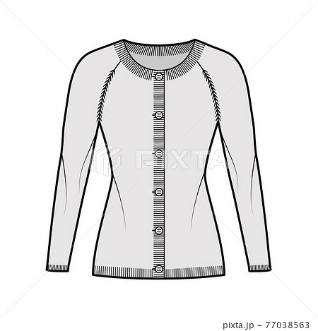 Round neck cardigan technical fashion illustration with long raglan sleeves, fitted body, hip length, knit rib cuff Flat 77038563