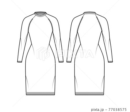 Dress Fisherman Sweater technical fashion illustration with crewneck, fitted body, knee length, knit trim. Flat 77038575