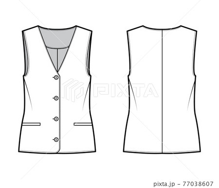 Button front vest waistcoat technical fashion illustration with sleeveless, welt besom pockets, fitted body Flat apparel 77038607