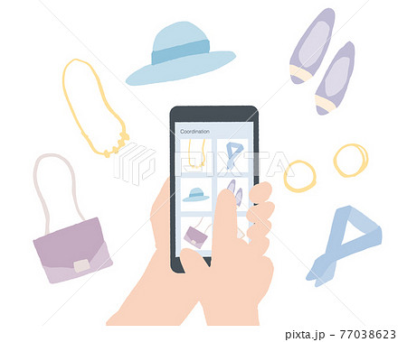 スマートフォンで買い物をしている手のイラスト 77038623