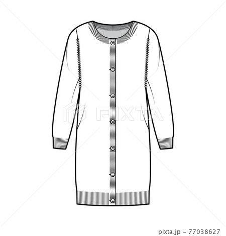 Round neck dress cardigan technical fashion illustration with long sleeves, oversized body, hip length, knit rib cuff Round neck dress cardigan technical fashion illustration with long sleeves, oversized body, hip length, knit rib cuff 77038627