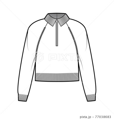 Zip-up cropped Sweater technical fashion illustration with rib henley neck, classic collar, long raglan sleeve 77038683
