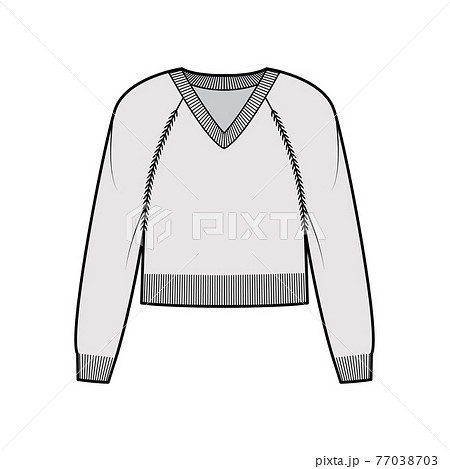 V-neck Sweater cropped technical fashion illustration with long raglan sleeves, relax fit, waist length, knit rib trim 77038703