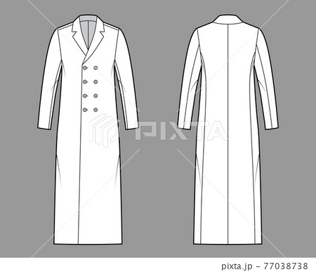 Classic coat technical fashion illustration with midi length, long sleeves, notched collar, oversized, double breasted 77038738