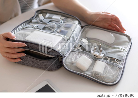 Closeup modern comfortable storage case electronic device and tools at save package for travel Closeup modern comfortable storage case electronic device and tools at save package for travel 77039690