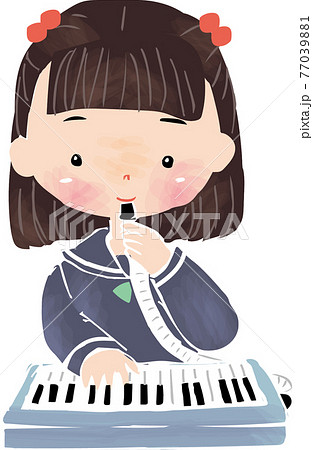 ピアニカを演奏している幼稚園の女の子のイラスト素材