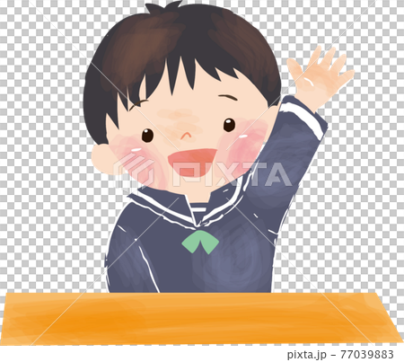 Kindergarten boy raising his hand Kindergarten boy raising his hand 77039883