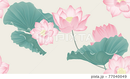 Botanical seamless pattern, pink lotus flowers and leaves on light brown background 77040049