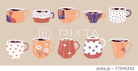 Ceramic cup hot tea coffee art ornament set vector 77040202