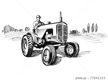 Farmer on vintage tractor. ink black and white drawing 77042123
