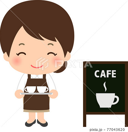 トレイを持ったカフェ店員の若い女性のイラスト素材