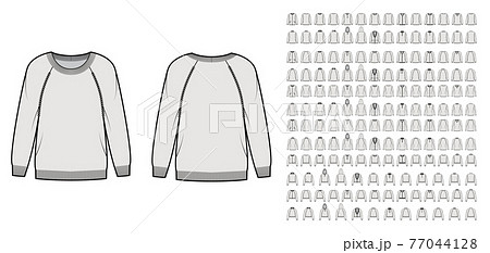 Set of Sweaters, cardigans technical fashion illustration with hood long raglan sleeves, waist, hip length, knit trim 77044128