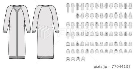 Set of Cardigans Sweaters, technical fashion illustration with hood long raglan sleeves, knee waist, hip length, knit Set of Cardigans Sweaters, technical fashion illustration with hood long raglan sleeves, knee waist, hip length, knit 77044132