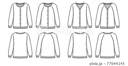 Set of Cardigans Sweater technical fashion illustration with crew V- neck, long raglan sleeves, button closure oversized 77044145
