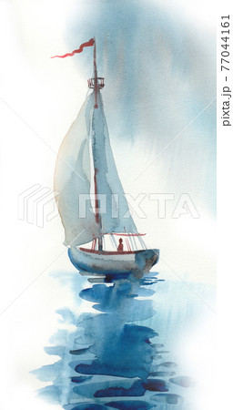 Sailing boat in the sea. Ink and watercolor drawing 77044161