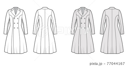 Princess line coat technical fashion illustration with double breasted, fitted body, peak lapel collar, knee length 77044167