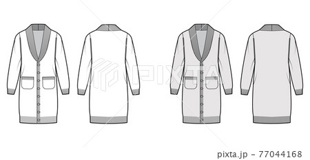 Cardigan dress Shawl collar Sweater technical fashion illustration with long sleeves, oversized body, knit trim, closure 77044168