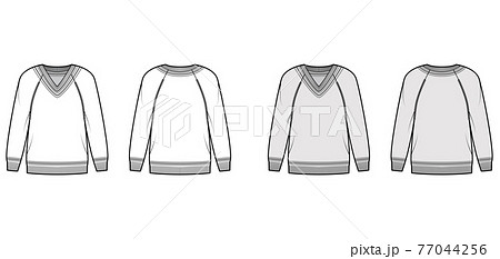 Cricket Sweater technical fashion illustration with stripes, rib V-neck, long raglan sleeves, hip length, knit cuff trim Cricket Sweater technical fashion illustration with stripes, rib V-neck, long raglan sleeves, hip length, knit cuff trim 77044256