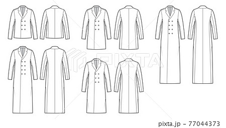 Set of coats technical fashion illustration with long sleeves, notched shawl collar, oversized body, double breasted. 77044373