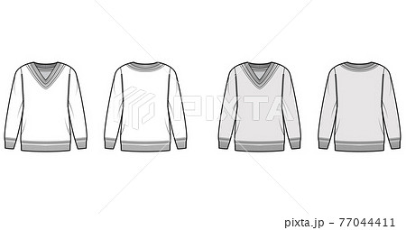 Cricket Sweater technical fashion illustration with stripes, rib V-neck, long sleeves, oversized, hip length, knit trim 77044411