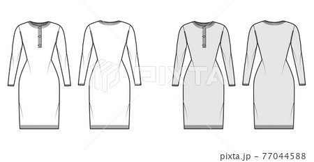 Dress Sweater henley neck technical fashion illustration with long sleeves, slim fit, knee length, rib knit trim. Flat 77044588