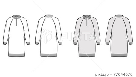 Dress Zip-up Sweater technical fashion illustration with rib henley neck, long raglan sleeve, relax body, knee length 77044676
