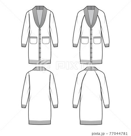 Set of Cardigans dress Shawl collar Sweater technical fashion illustration with sleeves, relax fit, knee length Set of Cardigans dress Shawl collar Sweater technical fashion illustration with sleeves, relax fit, knee length 77044781