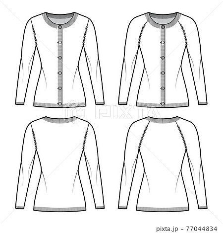 Set of Round neck cardigan technical fashion illustration with long raglan sleeves, fitted body, hip length, knit cuff 77044834