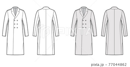 Classic coat technical fashion illustration with knee length, long sleeves, notched collar, oversized, double breasted 77044862